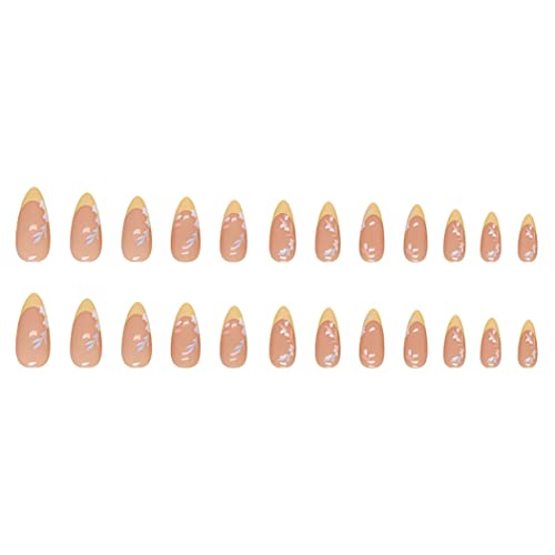 RikView French Tip Press on Nails Medium Length Fake Nails Almond Acrylic Nails Glossy Yellow Nails - Image 5