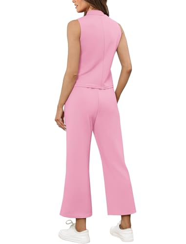 Image of SAMPEEL Two Piece Sets for Women Summer Outfits Lounge Sets Mock Neck Tops Wide Leg Crop Pants Vacation Travel Outfits