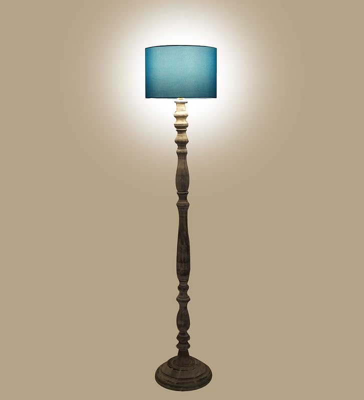 Image of tu casa Mango Wooden Floor Lamps with Aqua Shade for Home Decor, Bedrooms Corner, Living Room, Gifting, Diwali Decoration, Hall, Office, Study Room (Height: - 56 inch) - Bulb not Included