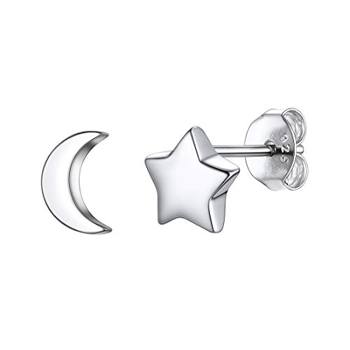 Chicsilver Women Moon Star Earrings Hypoallergenic 925 Sterling Silver Stud Earrings For Women Novelty Asymmetrical Studs For Sensitive Ears Fashion Jewelry Christmas Gift #TOP7