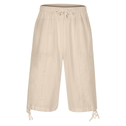 Men's Linen Capri Shorts Casual Baggy Knee Length 3/4 Pants Summer Drawstring Beach Pants Lounge with Pockets4