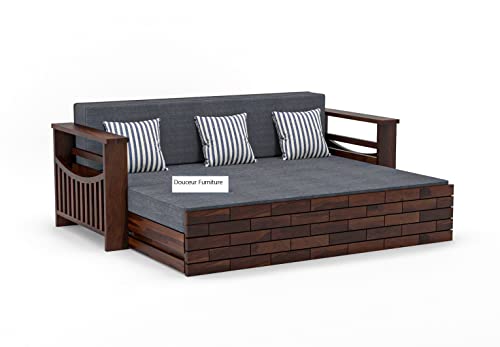 Image of Douceur Furnitures Solid Sheesham Wooden Sofa Cum Bed Queen Size with Storage for Living Room | Wooden Foldable 3 Seater Sofa Cum Bed with Headboard Folding Double Bed for Home Bedroom (Walnut)