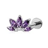 FINE4U Cartilage Earring Flatback Stud for Tragus Conch Helix Flat Labret 16G 6mm 8mm - ASTM F136 Titanium Diamond Screw on Stud Piercing Jewelry(Amethyst)