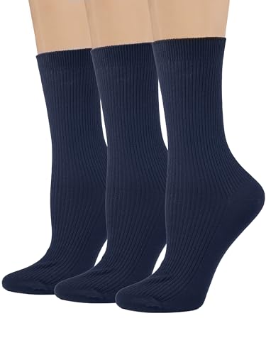 COTTON DAY Women's Combed Cotton Fine Ribbed Trouser Dress Socks 3 Pack Navy Blue M/L