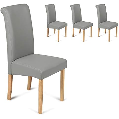 Your Price Furniture.com Set of 4 Matt Grey Faux Leather Scroll Top Roma Dining Chairs Grey With Padded Seat & Oak Finish Legs Cover