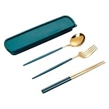 Besteckset aus Edelstahl 304, tragbares 3-teiliges Besteckset, tragbarer Reiselöffel und Essstäbchen. Küchengeräte (Color : Green)