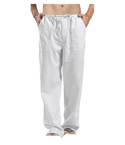 Men's Cotton Linen Straight Leg Cargo Pants Elastic Waist Streetwear Sweatpants