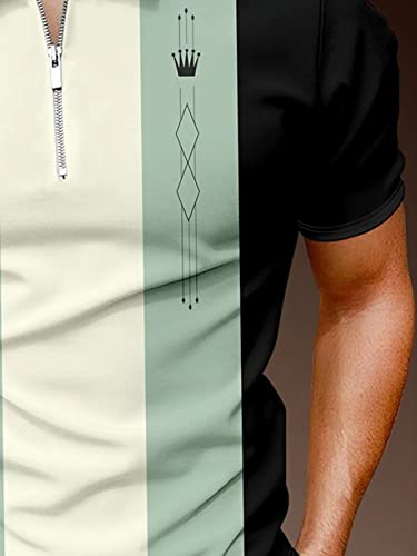 Men's Short Sleeve Polo Shirt Zipper Summer Slim Fit Classic Striped Geometric Color Block Print Golf Shirts Tops #TOP3