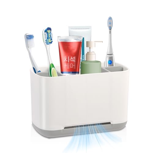 Toothbrush Holder for Bathroom, 5 Slots Toothbrush Organizer with Drainage, Anti-slip Electric Toothbrush Caddy Storage Stand, Detachable Grey Multifunctional Organizer Case for Family Kids