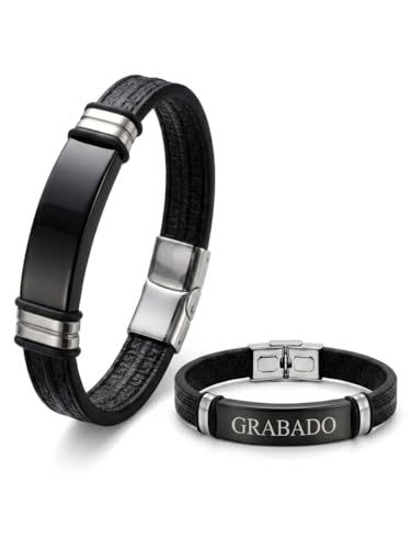 Pulsera Piel Personalizable Hombre Grabado Personalizado Nombre Fecha Ajustable Cierre Seguro Acero Inoxidable Diseño Elegante Regalo Original Pareja Amistad Cumpleaños (Cuero negro y placa negra)