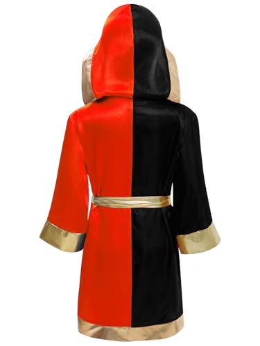 FEESHOW Kids Boys Color Block Hooded Boxing Robes Open Front Boxer Cloak with Belt Halloween Cosplay Dress Up2