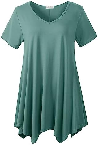 LARACE Plus Size Tops for Womens Summer Clothes Short Sleeve Shirts Casual V Neck Tunic Asymmetrical Blouses(Grayish Green 2X)