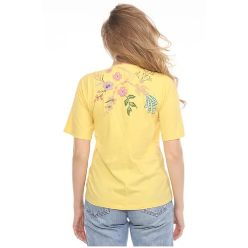 Johnny Was Maureen Trapunto 3/4 Tee Shirt Floral Embroidery Top Citron Yellow New3