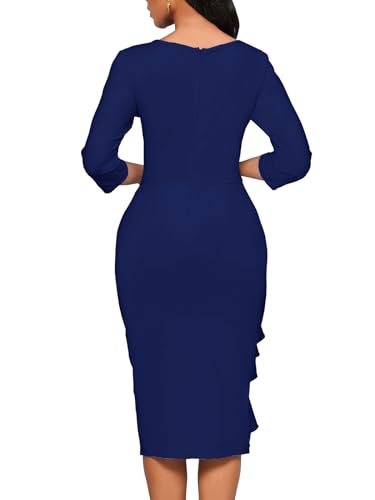 Image of Church Dresses for Women 3 /4 Sleeve Ruffle Vintage Bodycon Cocktail Work Midi Pencil Dress