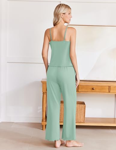 Image of Ekouaer Womens Y2K Cami Pajama Set with Flare Pants, 2 Piece Lace Trim Sleepwear Spaghetti Strap Pjs Set XS-2XL