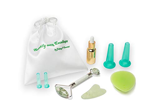Facial Cupping Set Cupping Therapy Sets Jade Roller and Gua Sha Massager Skin Scrapper Chamomile Essential Oil & Silicone Cleansing Brush