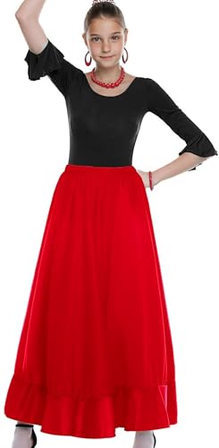Genérico Falda Flamenca Niña,Ideal para Baile Flamenco y Sevillanas Danza Disfraz (FR/ES, Edad, 10 años, Regular, 1 Volante Rojo)