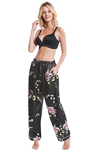 Lavenderi Women’s Silk Satin Pajama Pants, Long Sleep Pants With Drawstring (Black Aop, Large) #TOP5