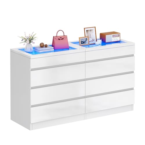 Dwvo MADWVKVVUR 8 Drawer Dresser With Led, White Dresser, Modern 8 Chest Of Drawers With Deep Drawers Glass Top High Gloss Surface thumb #7