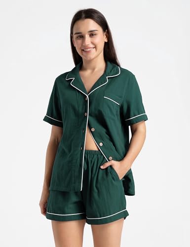 Image of Womens Muslin Pajama Sets 100% Cotton Double Gauze Linen Like Short | Breathable Soft Comfort Button Up Loungewear Sleepwear PJ Set