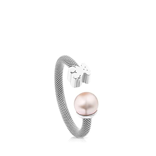 TOUS Anillo de Plata de Primera Ley para Mujer con Motivo de Oso y Perla de 0,6 cm y Talla 13, Anillo Abierto y Versátil, Colección Icon Mesh