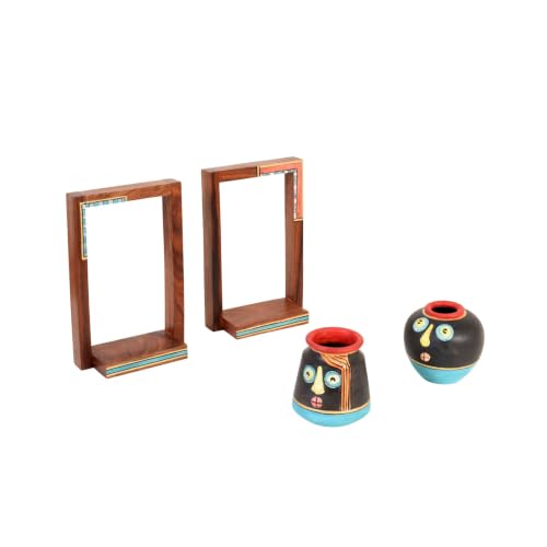 Image of AAKRITI ART CREATIONS Handcrafted Sheesham Wood Wall Shelves with Terracotta Pots for Home Decor | Wooden Floating Shelf | Living Room Decoration | Indian Handicraft