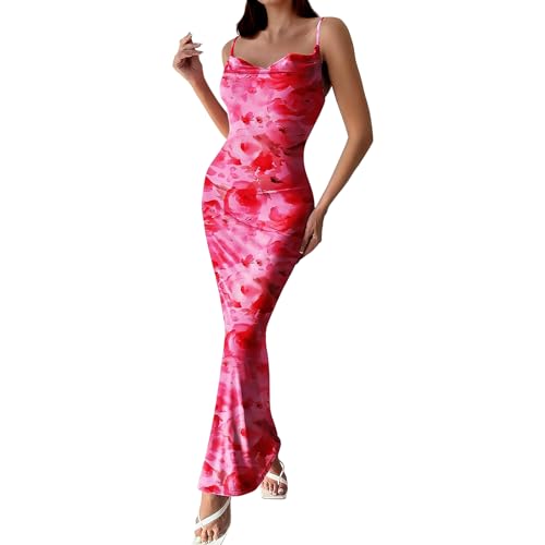 Image of Women's Spaghetti Strap Maxi Dress Floral Print Bodycon Long Dress Summer Beach Vacation Wedding Guest Outfits