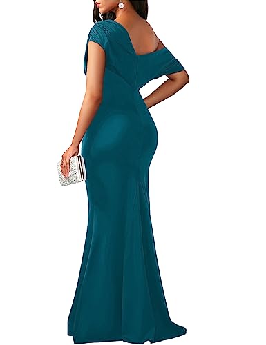 YMDUCH Women's Elegant Sleeveless Off Shoulder Bodycon Long Formal Party Evening Dress Peacock Blue - Thumbnail 2