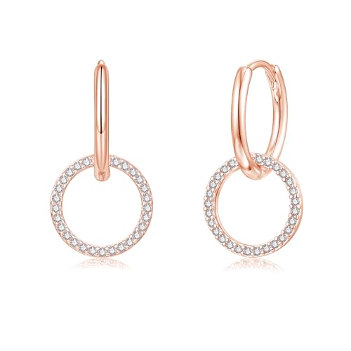 Loutade Rose Gold Hoop Earrings for Women Girls, 925 Sterling Silver Hoop Earrings with CZ Round Circle Dangling, Trendy Lightweight Sleeper Silver Dangle Drop Earrings Huggie Hoops Jewelry Gifts