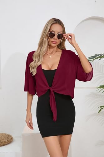 Image of TASAMO Women's 2026 Summer Lightweight Short Bolero Cardigan Shrug Sheer Tie Front Top 3 /4 Sleeve Jacket for Dress