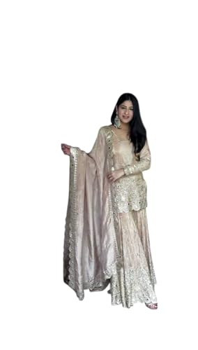 Image of Embroidered Sharara Set, Beige, Net Fabric, Sequin Work, 3-Piece Suit with Dupatta (IN, Alpha, L, Regular)