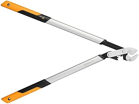 Fiskars Sekator dźwigniowy, kowadełkowy PowerGearX do suchego i twardego drewna, Powłoka nieprzywierająca, Hartowana stal, Długość: 80 cm, Czarny/ pomarańczowy, LX99-L, 1020189