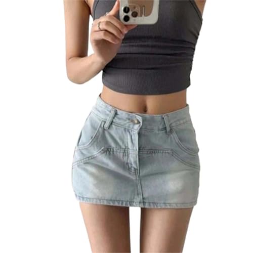 Jupe courte rétro en denim pour femme style taille haute bleu original