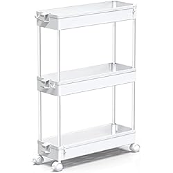 SPACEKEEPER Carro de Almacenamiento de 3 Niveles, Delgado, móvil, Organizador de estantes, deslizable, rodante, utilitario, Estante de Cocina, baño, lavandería, Oficina, Lugares Estrechos, Blanco