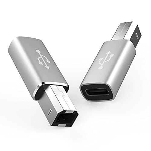 2Pack Female USB C to Male USB B Printer Square OTG Extender Adapter Connector Compatible for Audio Interface, Midi Keyboard, Electronic Piano, USB Microphone and Printer Scanner. (Silvery)