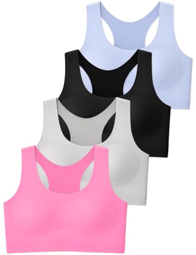 JOCMIC 4 Packs Girls Sports Bra Kids Racerback Training Bras with Sewn in Pads for Tween Rose Red Grey Black Light Purple 10-12 Years