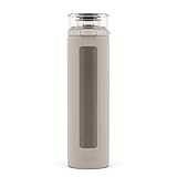 Ello Syndicate 20oz Reusable Glass Water Bottle with One-Touch Leak Proof Flip Lid, Protective Non-Slip Silicone Sleeve, Carry Loop for Coffee, Tea and Water, BPA-free, Dishwasher Safe, Sand