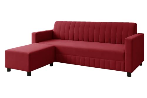 Image of 3 Seater Wooden Sofa with Ottoman | Modern Sofa Set for Living Room | Stylish Home Furniture Sofa with Comfortable Seating-Red