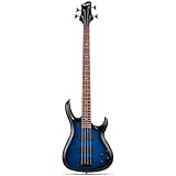 Leo Jaymz CB-400 4 String 34' Electric Bass Guitar, 24 Frets, Mahogany Body and Ash Veener, Rosewood Fingerboard with Abalone Inlays, Roasted Maple Neck, H-H Pickups, Glossy Body Finish (CB ASH Blue)