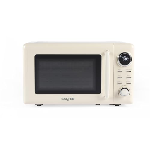 Salter Microondas digital retro crema – 20 L, temporizador de 60 minutos, 8 preajustes de cocción, 5 niveles de potencia, pantalla LED, descongelación por peso/tiempo, plato giratorio de vidrio de 27