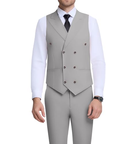 Men’s Suits Vest Peaked Laped Double Breasted Men Vest Pants Set Light Grey Men's 2 Pieces Set Slim Fit Wedding Groomsmen Suit XXL