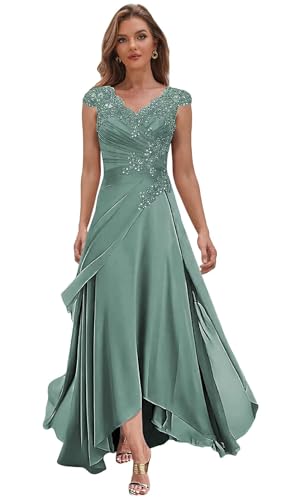 High Low Mother of The Bride Dresses for Women Tea Length Formal Dress with Cap Sleeve Sequin Evening Gown
