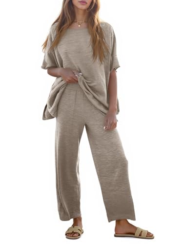 Tankaneo Women's 2 Piece Travel Outfits Casual Short Sleeve Knit Sweater Set Wide Leg Pants Lounge Sets Tracksuit