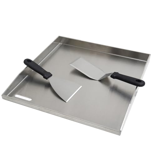 CAVATINY Edelstahl Grillplatte | 41,5x40x3,5 cm | Universal BBQ Plancha aus dickem 4mm & rostfreiem Edelstahl passend für Weber Gasgrill und Holzkohlegrill | Grillplatte mit Grill-Spachtel Schaber set