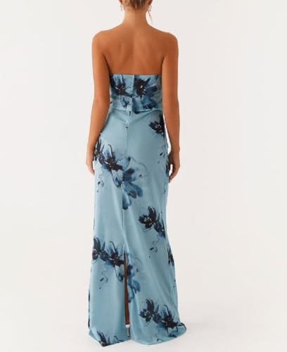 Image of Women Floral Strapless Maxi Dress Y2K Bodycon Tube Long Dresses Sexy Party Formal Cocktail Beach Slit Dress
