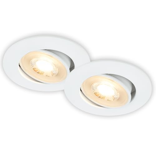 BRILONER - 2er Set LED Einbaustrahler 230V flach, schwenkbar, warmweißes Licht, LED Spot, flach, Deckenspots, Spots 230V, Einbauleuchten, Einbauspots, 68mm Lochmass, 8x3,2 cm, Weiß