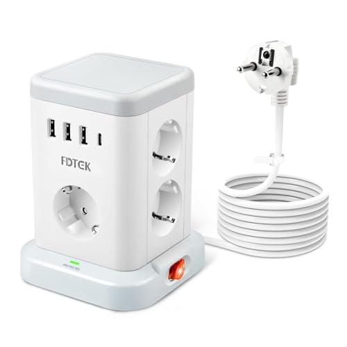 FDTEK Ciabatta Elettrica, Torretta Multipresa con 7 Prese e 3 Porte USB-A & 1 Tipo C, Ciabatta Cubo con Protezione da Sovraccarico e Interruttore, Cavo da 2m, Adatto per Casa e Ufficio, 3680W/16A