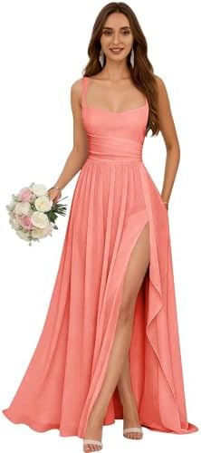 Fashionbride Chiffon Bridesmaid Dresses with Slit Spaghetti Strap...