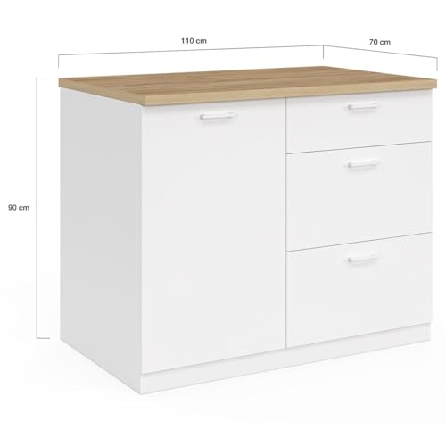 Miniatura 5 de Idmarket - Isla Central Tibo 110 Cm De Extensión Frontal Con 3 Cajones De Madera Blanca Con Encimera De Haya
