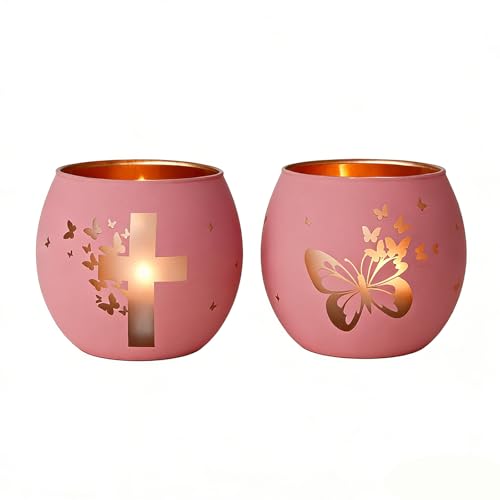 Lot de 2 bougeoirs en forme de croix papillon rose – Cadeaux religieux pour femmes et filles – Baptême chrétien, confirmation et souvenir commémoratif...